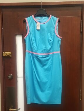 NWT Basler "Sky Blue" Midi Dress with Pink Trim